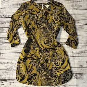 LOFT Black and Mustard Long Sleeve Printed Dress